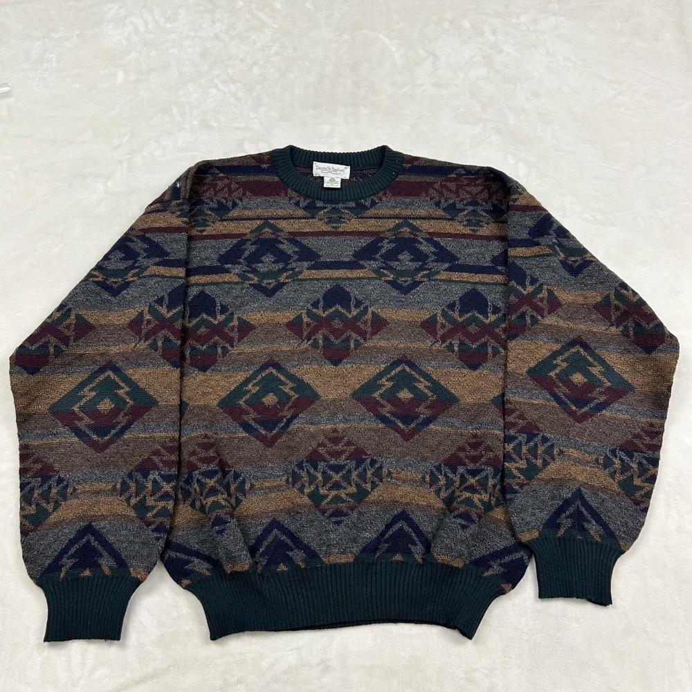Tricots St. Raphael Sweater Mens Medium Green Merino Wool Geometric Southwestern
